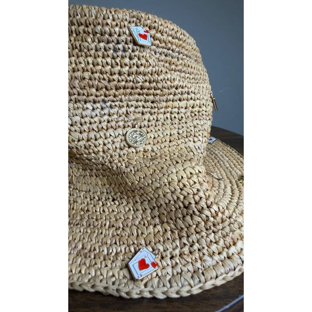 Aqua  Bucket  Hat  Tan  Raffia  One Size  New  $98